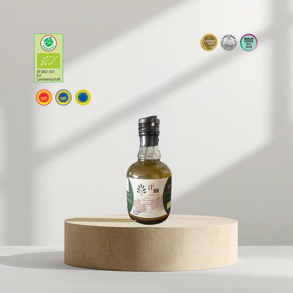 Premium Bio Olivenöl Extra Nativ sortenrein von LEMM Selection mit fermentiertem Knoblauch Geschmack mit Austria Bio Garantie Siegel und Award Auszeichnungen