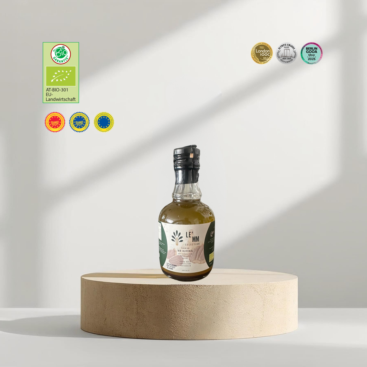 Premium Bio Olivenöl Extra Nativ sortenrein von LEMM Selection mit fermentiertem Knoblauch Geschmack mit Austria Bio Garantie Siegel und Award Auszeichnungen