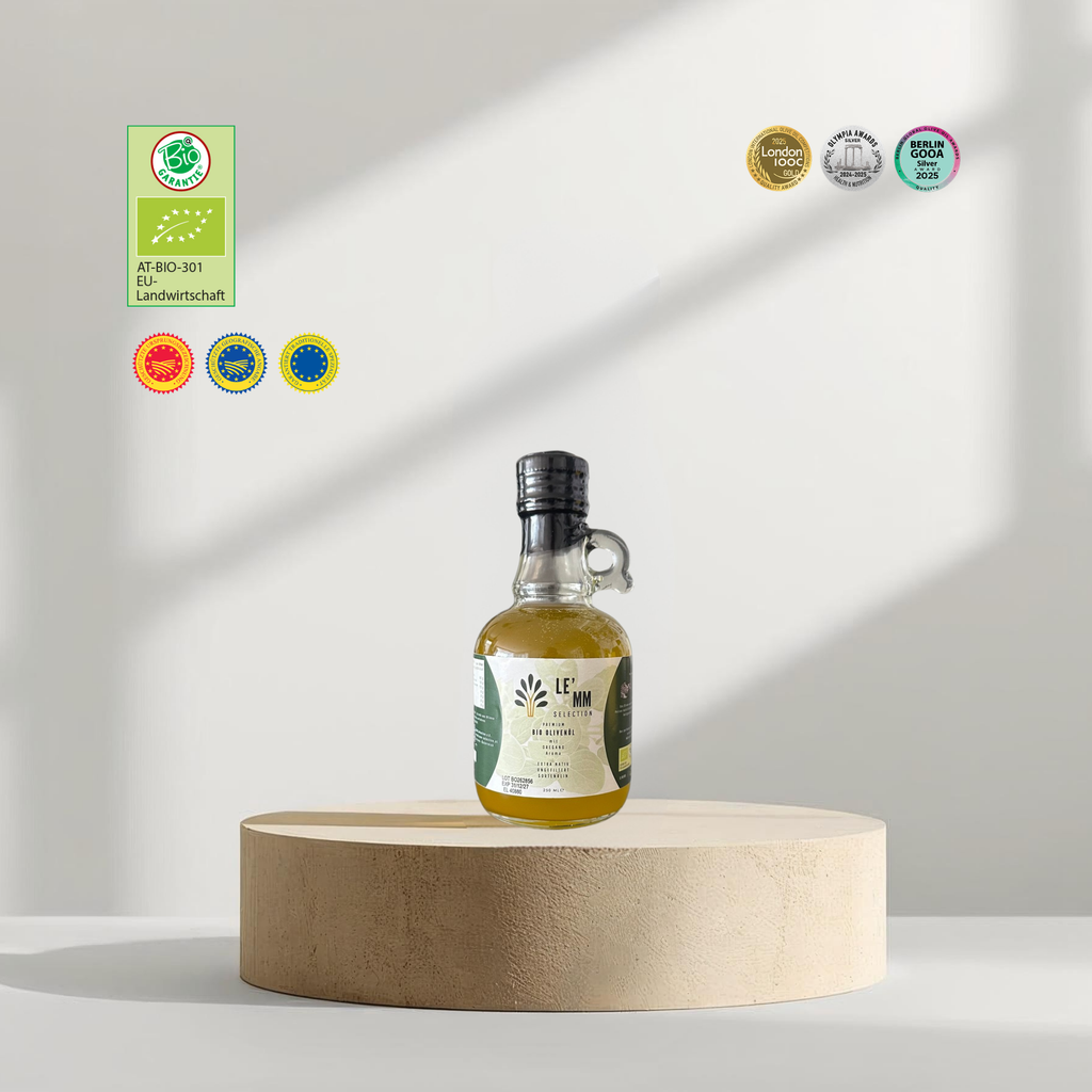 Premium Bio Olivenöl Extra Nativ sortenrein von LEMM Selection mit Oregano Geschmack mit Austria Bio Garantie Siegel und Award Auszeichnungen