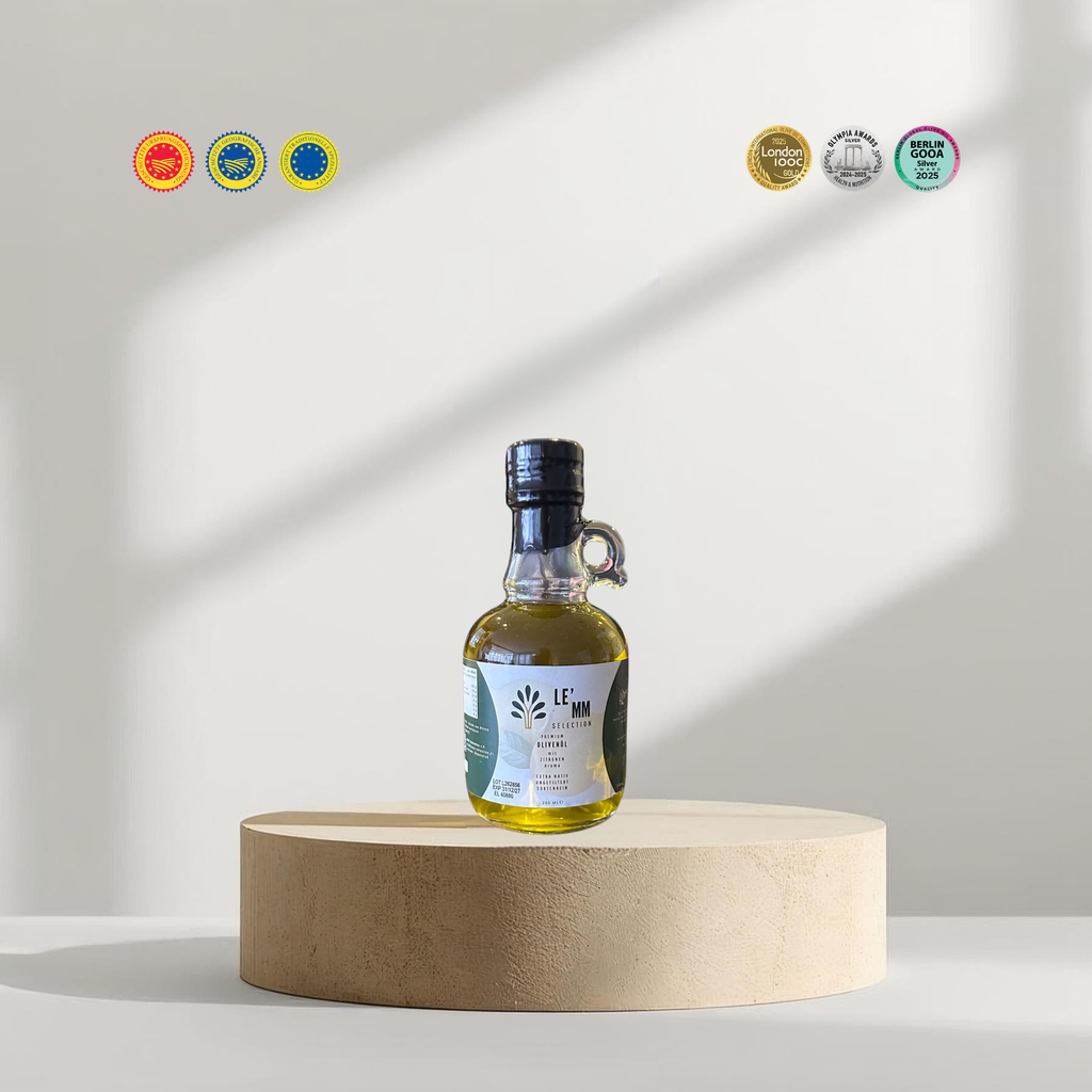 Premium Bio Olivenöl Extra Nativ sortenrein von LEMM Selection mit Zitrone Geschmack mit Austria Bio Garantie Siegel und Award Auszeichnungen