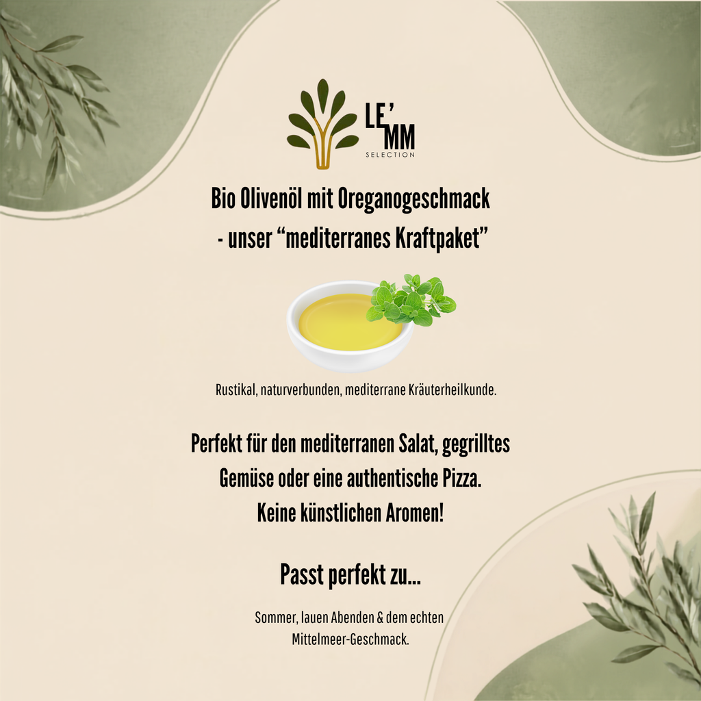Bio Olivenöl mit Oregano von LEMM Selection – Grafik mit Beschreibung und Serviervorschlägen für den echten Mittelmeergeschmack und Pizza.