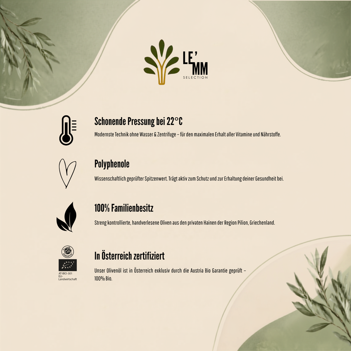 Infografik zu Qualitätsmerkmalen von LEMM Selection Olivenöl mit 22 Grad Kaltpressung Polyphenolen und Austria Bio Garantie