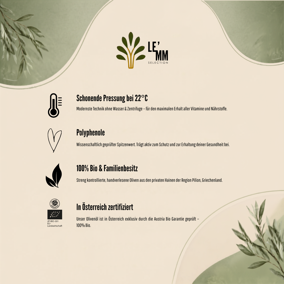 Infografik zu den Qualitätsmerkmalen von LEMM Selection Bio Olivenöl Extra Nativ mit Verarbeitung bei 22 °C, Polyphenolen und Austria Bio Garantie