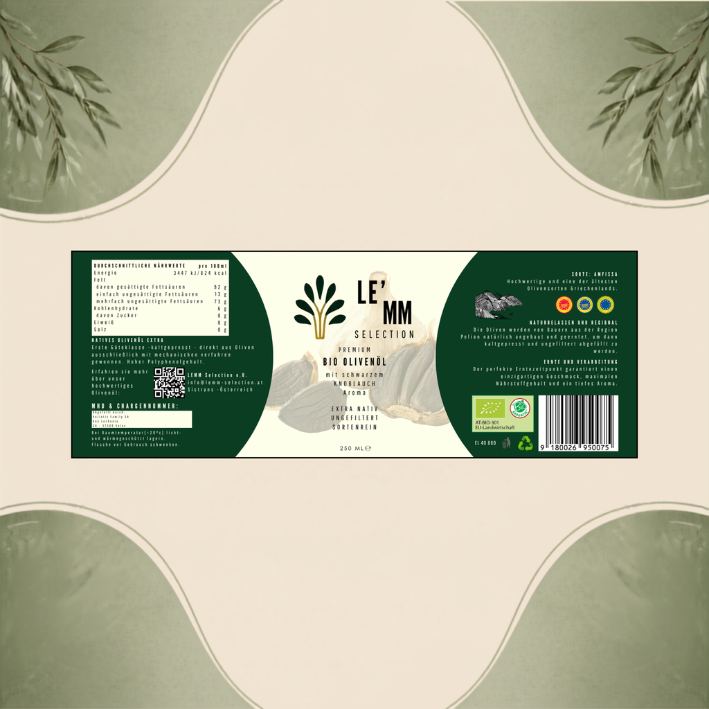 Vorder und Rückseitenetikett von LEMM Selection Bio Olivenöl Extra Nativ der Sorte Amfissa und fermentiertem Knoblauch Geschmack mit Nährwerttabelle