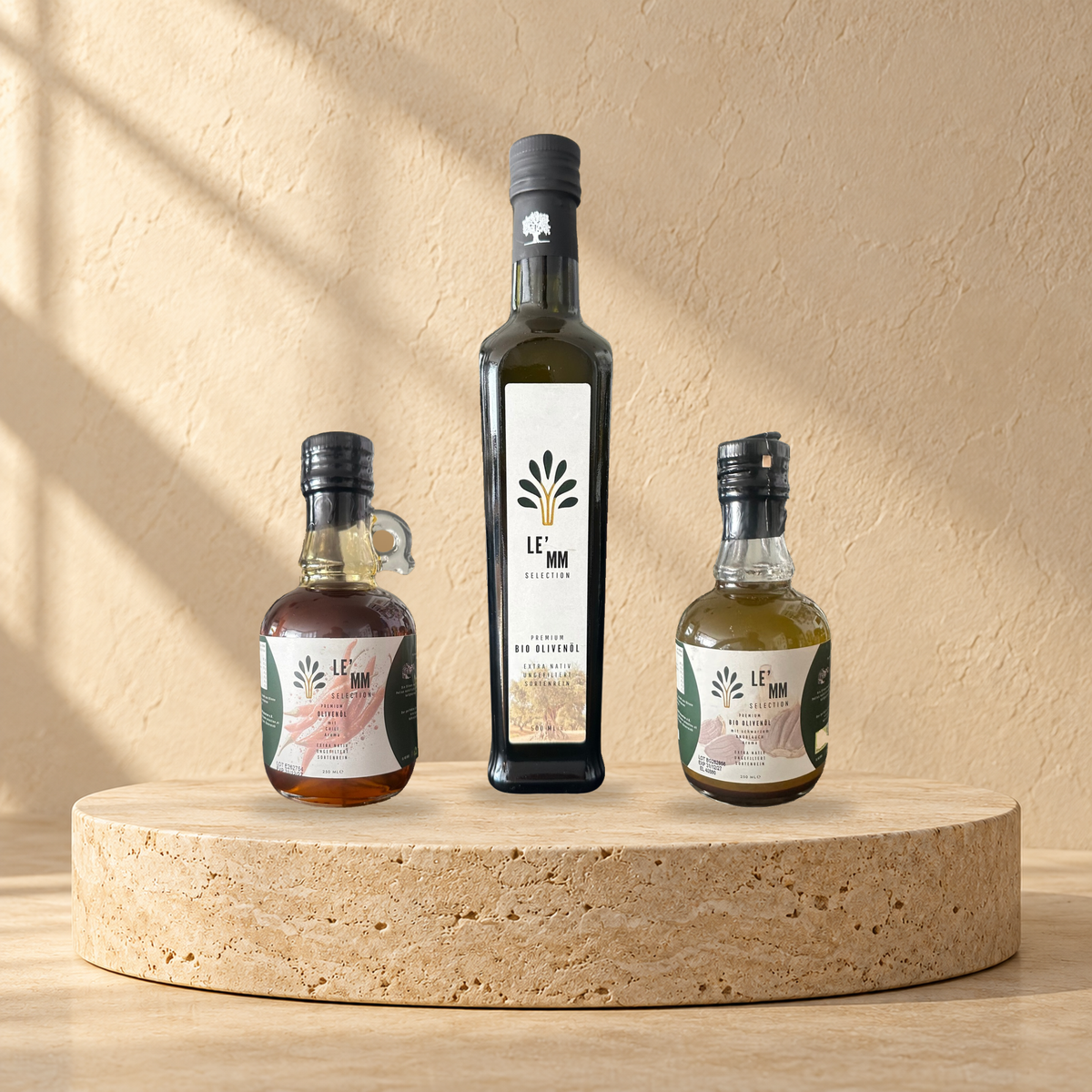 LEMM Selection Verkostungs-Trio mit Klassik-Olivenöl 500 ml, Chili 250 ml und Schwarzem Knoblauch 250 ml