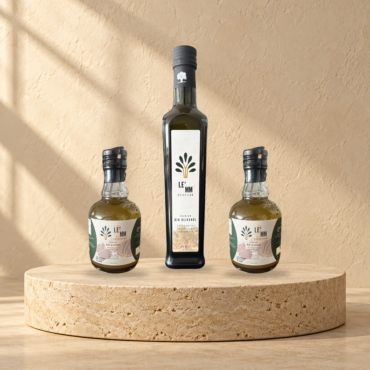 LEMM Selection Verkostungs-Trio: Klassik-Olivenöl 500 ml sowie Schwarzer Knoblauch und Schwarzer Knoblauch mit je 250 ml